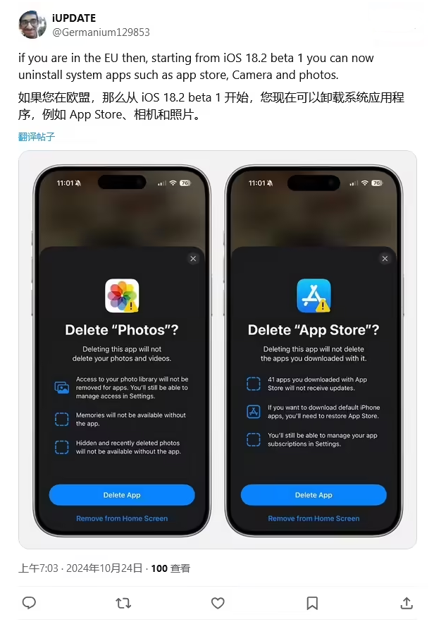 湾岭镇苹果手机维修分享iOS 18.2 支持删除 App Store 应用商店 