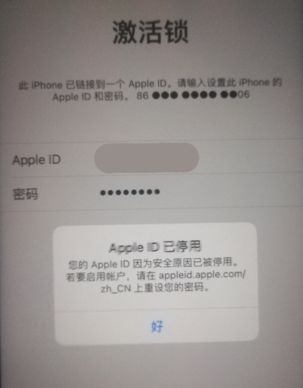 湾岭镇苹果手机维修分享iPhone 12 出现提示“Apple ID 已停用”怎么办 